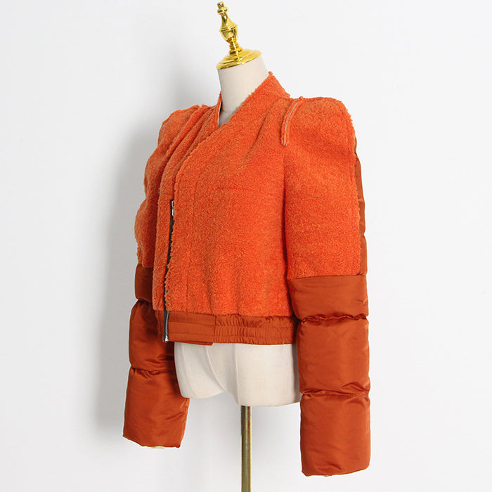 Women's fleece jacket contrast stitching short winter coat