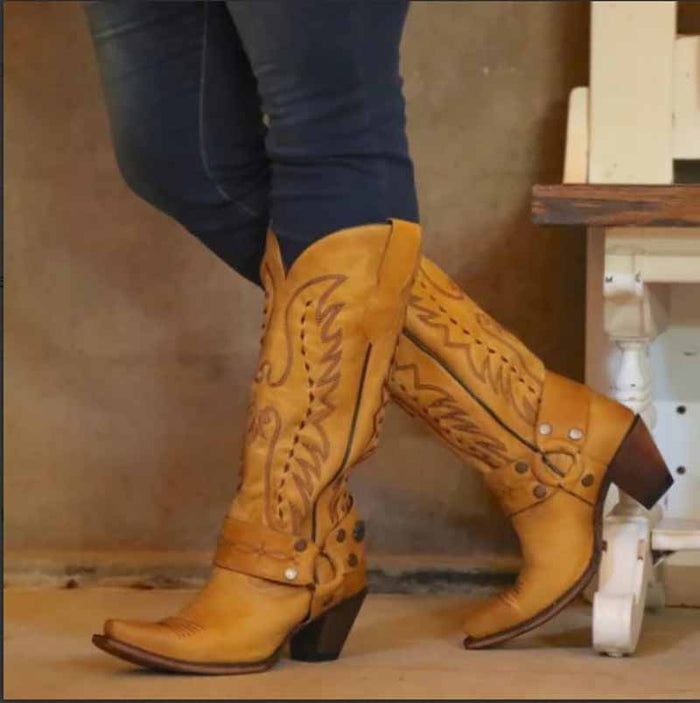 Women's Floral Embroidered Western Boots Knee High Cowboy Boots