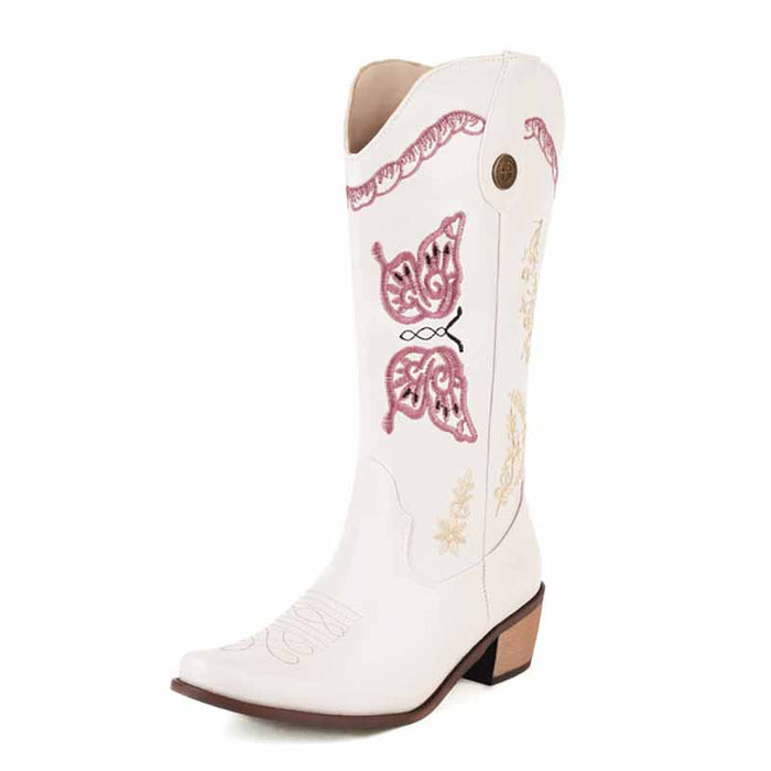 Tucomosi women's floral embroidery cowgirl boots in white with detailed stitching and butterfly design