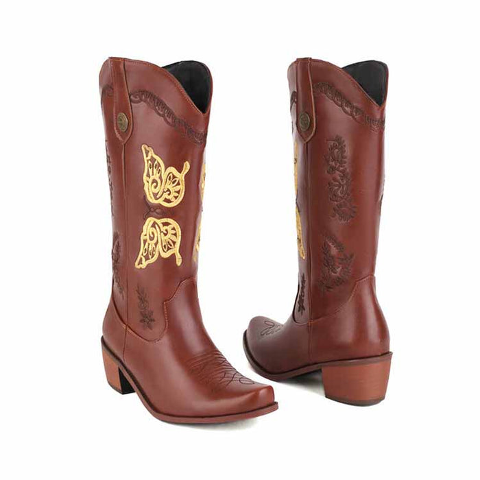 Tucomosi women's floral embroidery cowgirl boots in brown with stylish butterfly designs
