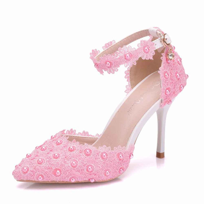 Pink Women's floral high heel wedding shoes with lace details and ankle strap