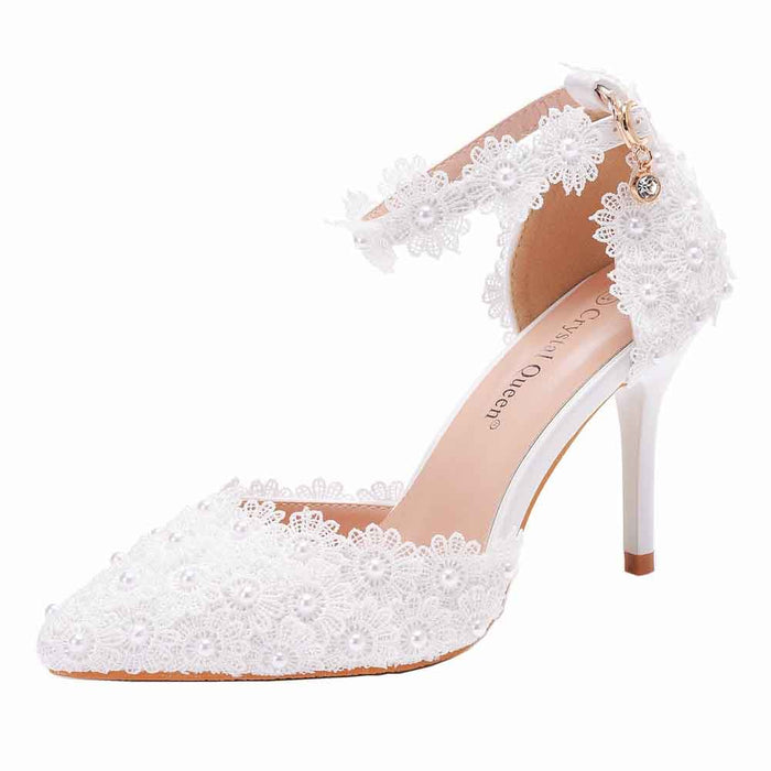 women's floral high heel wedding shoes with lace and ankle strap for elegant bridal style