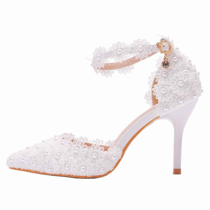 Women's floral high heel wedding shoes with lace detail and ankle strap for elegant bridal style