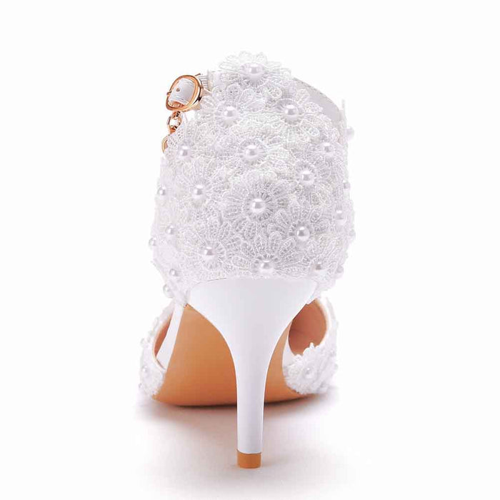 Elegant women's floral high heel wedding shoes with intricate pearl detailing and a stylish back design