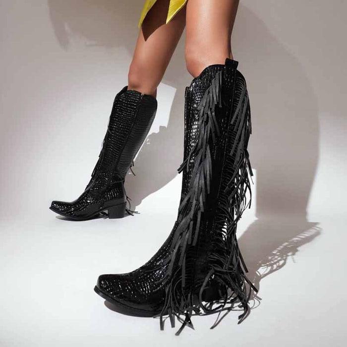 Stylish women's fringe cowgirl boots with a shiny finish and intricate detailing for a trendy look