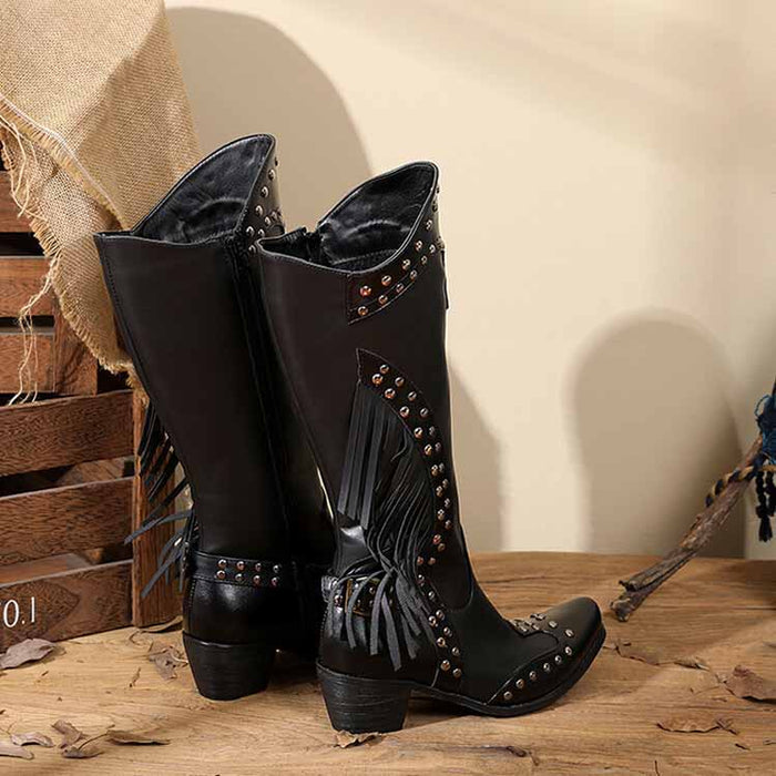 Women's Fringe Western Boot Chunky Stacked Heel Slip On Booties
