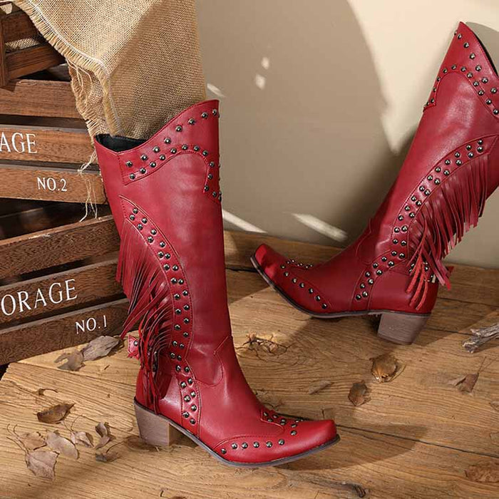 Women's Fringe Western Boot Chunky Stacked Heel Slip On Booties