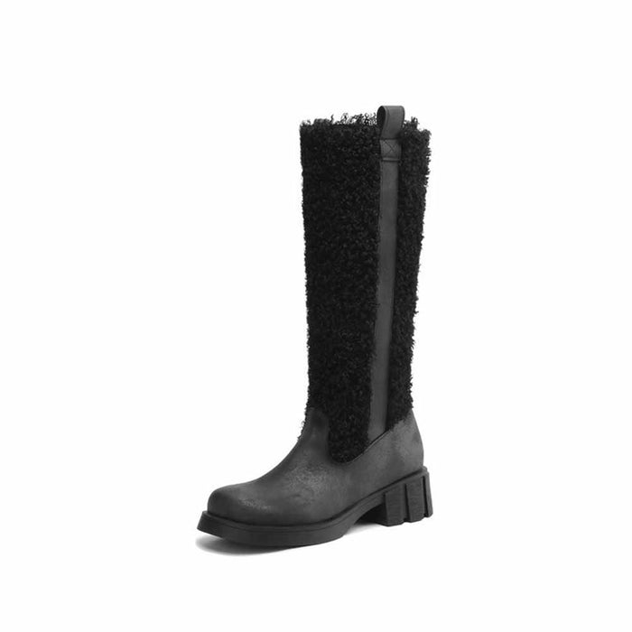 sd-hk women's fur detail calf boots in black with a chunky heel and textured design