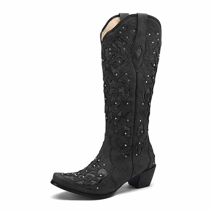 Elegant sd-hk Black Wedding Boots with Intricate Embroidery and Studded Detailing