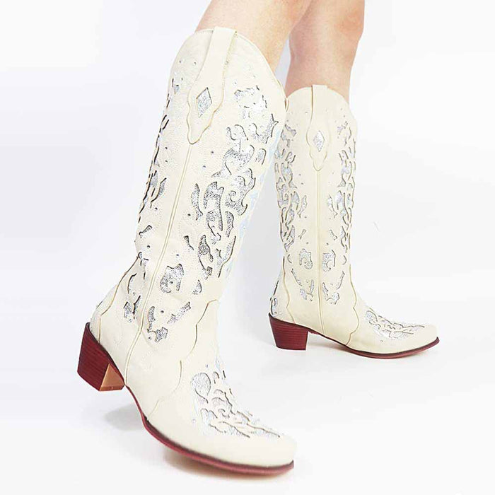Elegant sd-hk Wedding Boots in White with Sparkling Silver Detailing for Stylish Brides