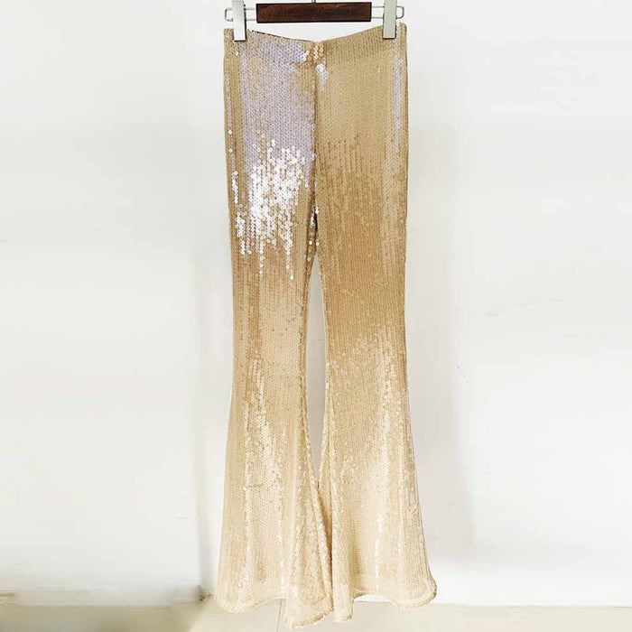 Womens Gold Bling Gold Party Pants Sparkle Sequin Stretch Mesh Flared Pants