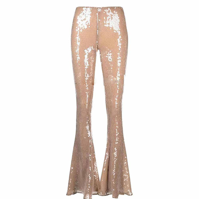 Womens Gold Bling Gold Party Pants Sparkle Sequin Stretch Mesh Flared Pants