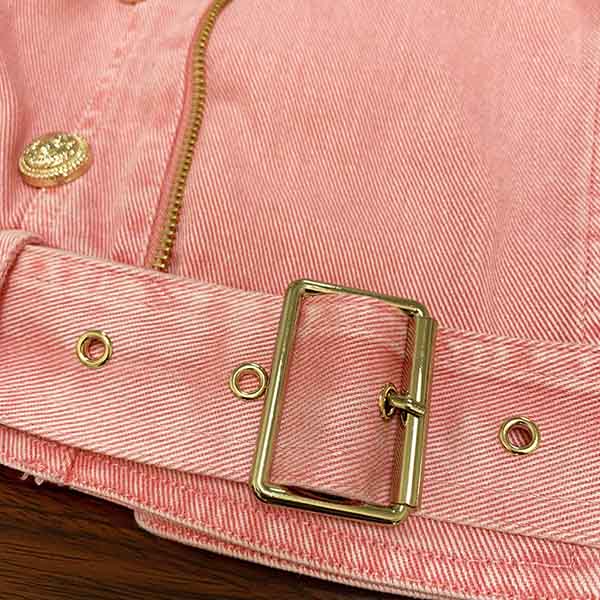 Women's Golden Lion Buttons Belted Denim Biker Jacket Coat Pink