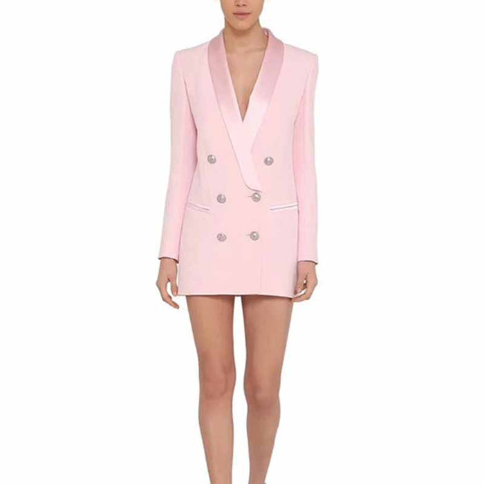 Women's Golden Lion Buttons Blazer Style V Neck Mini Dress
