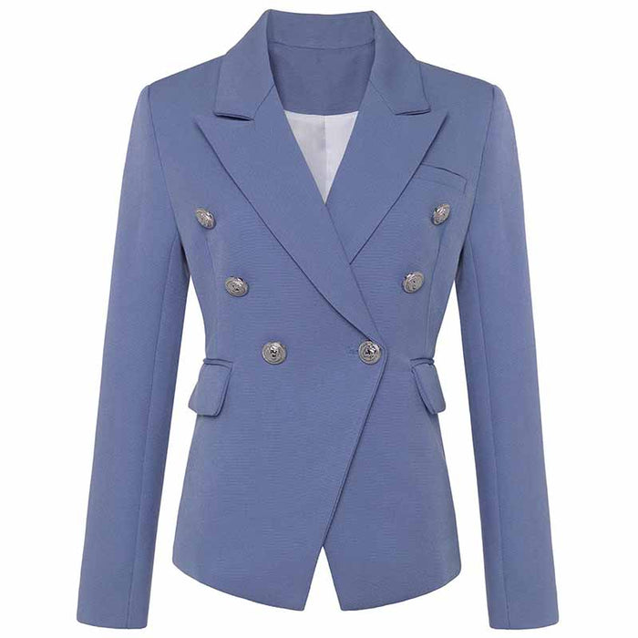 Women's Golden Lion Buttons Fitted Belted Jacket Dusty Blue Blazer