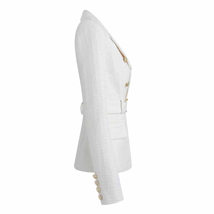 Women's Golden Lion Buttons Fitted Belted Jacket White Color Coat