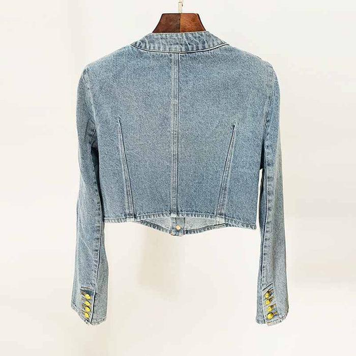 Women's Golden Lion Buttons Fitted Crop Denim Blazer Jacket Blue