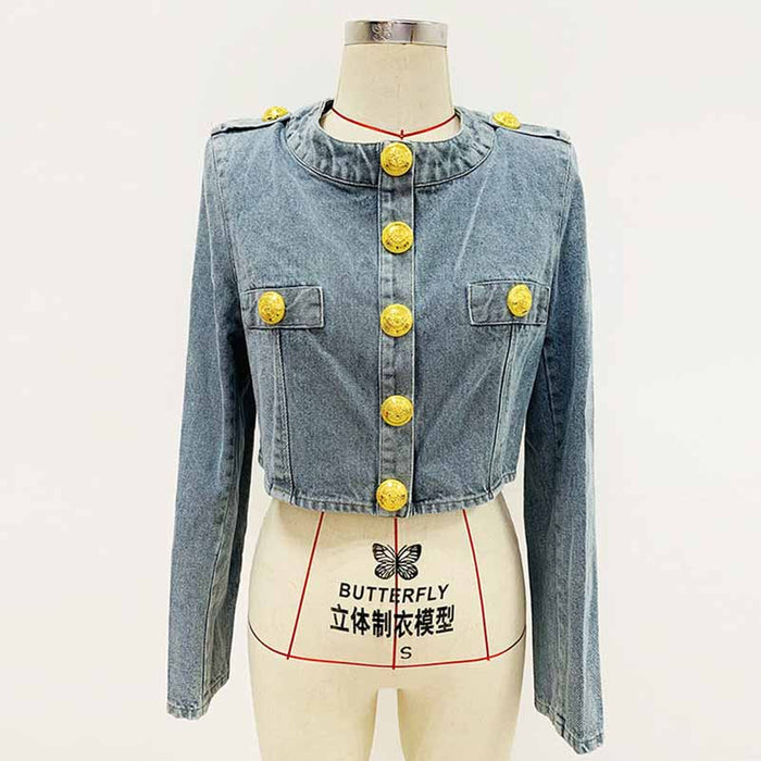 Women's Golden Lion Buttons Fitted Crop Denim Blazer Jacket Blue