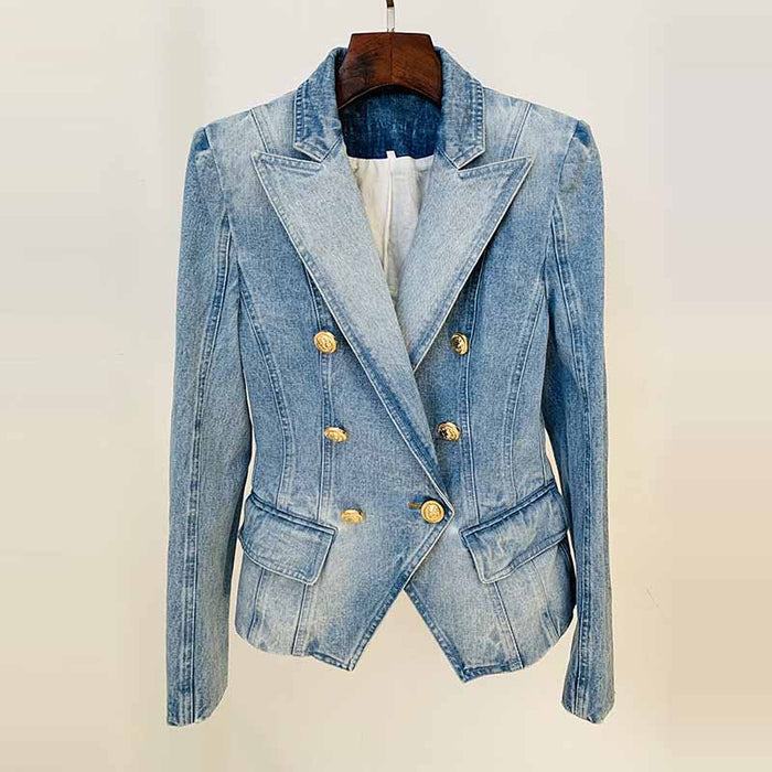 Women's Golden Lion Buttons Fitted Denim Blazer Jacket Blue