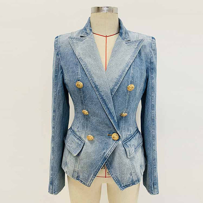Women's Golden Lion Buttons Fitted Denim Blazer Jacket Blue