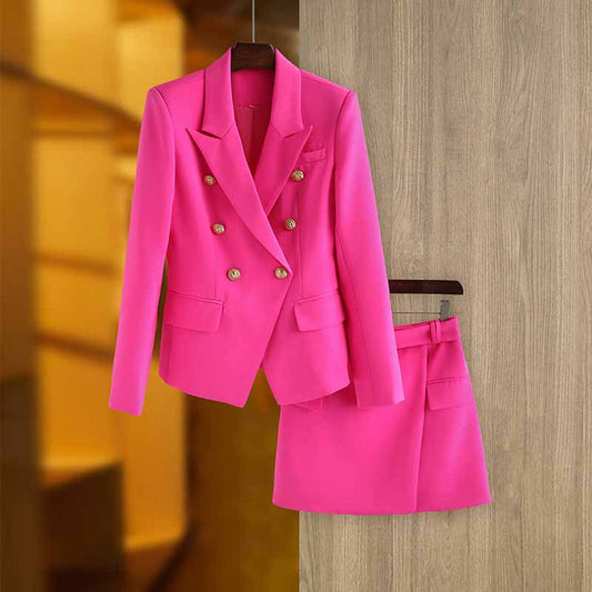 Women's Golden Lion Buttons Hot Pink Skirts Blazer Suit Jacket + High Waist Skirts Suit