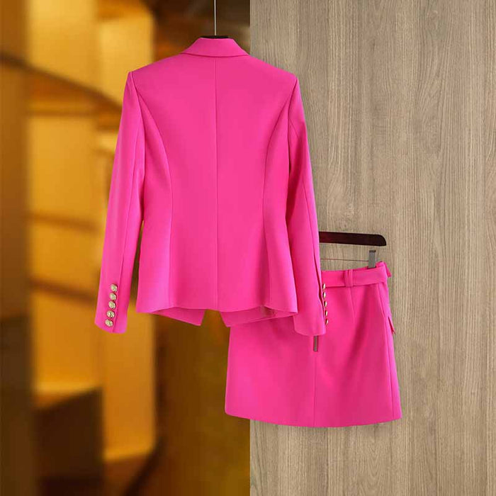 Women's Golden Lion Buttons Hot Pink Skirts Blazer Suit Jacket + High Waist Skirts Suit