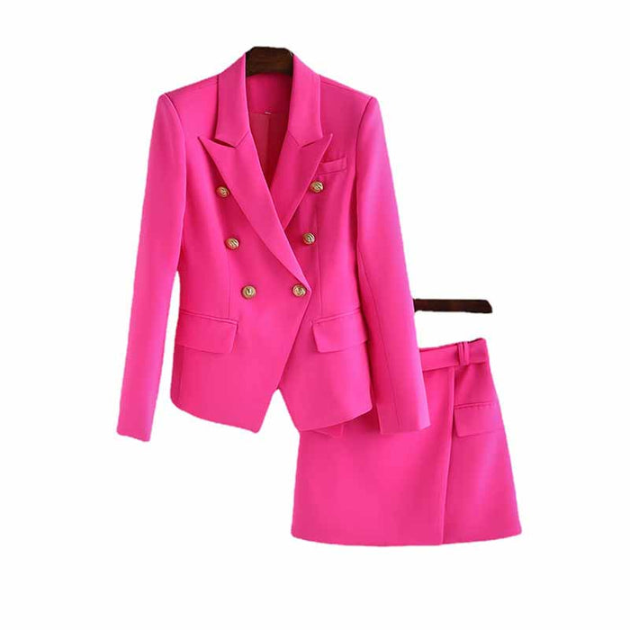 Women's Golden Lion Buttons Hot Pink Skirts Blazer Suit Jacket + High Waist Skirts Suit