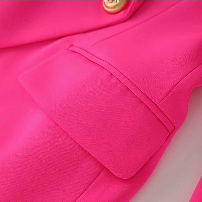 Women's Golden Lion Buttons Hot Pink Skirts Blazer Suit Jacket + High Waist Skirts Suit