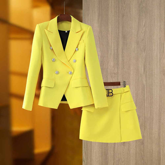 Women's Golden Lion Buttons Yellow Skirts Blazer Suit Jacket + High Waist Skirts Belt Suit