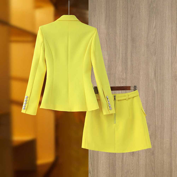 Women's Golden Lion Buttons Yellow Skirts Blazer Suit Jacket + High Waist Skirts Belt Suit