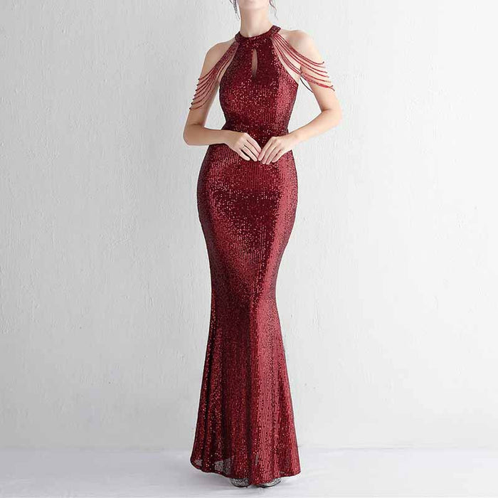 Women's Halter Neck Sequin Cocktail Long Dress Bodycon Mermaid Dress