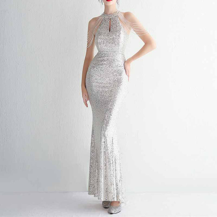 Women's Halter Neck Sequin Cocktail Long Dress Bodycon Mermaid Dress