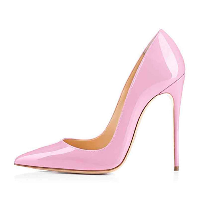 Women's high heel party pumps in pink patent leather with a pointed toe design