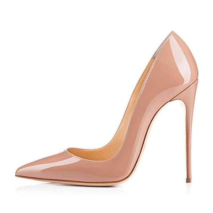 Women's high heel party pumps in glossy nude with a sleek pointed toe design