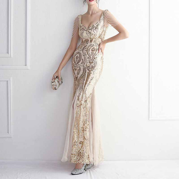 Women's Illusion Embroidery Elegant Mermaid Evening Dress S-4XL