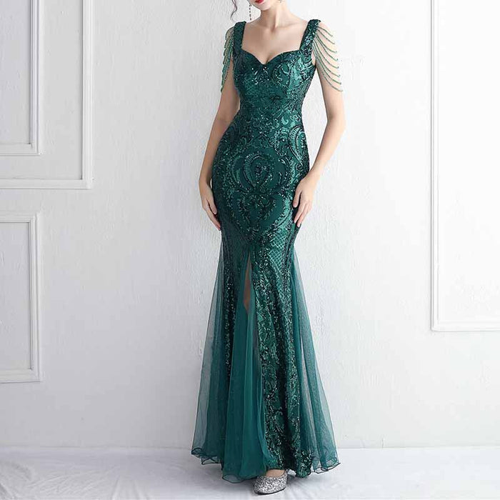 Women's Illusion Embroidery Elegant Mermaid Evening Dress S-4XL