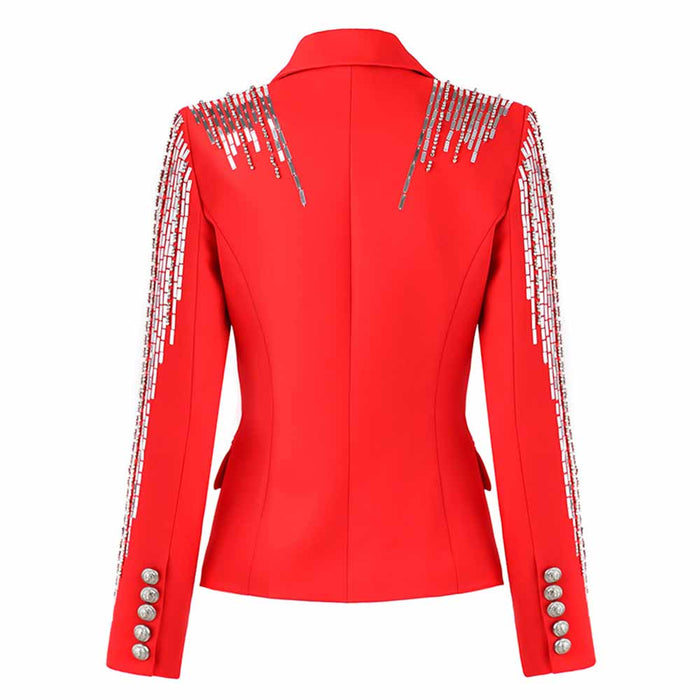 Women's Jewellry Embroidery Silver Lion Buttons Fitted Blazer Jacket Black & Red