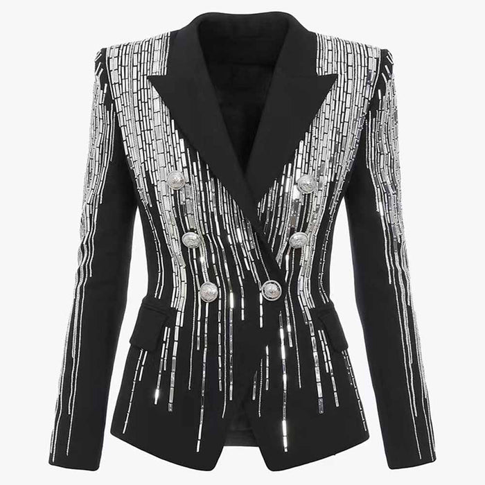 Women's Jewellry Embroidery Silver Lion Buttons Fitted Blazer Jacket Black & Red