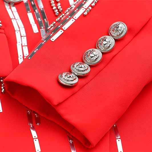 Women's Jewellry Embroidery Silver Lion Buttons Fitted Blazer Jacket Black & Red