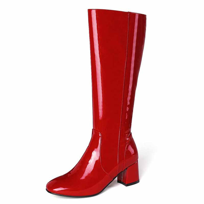Shiny red women's knee high boots with a chunky heel for stylish and trendy looks