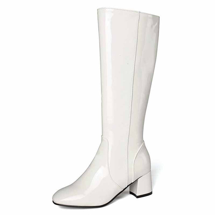 Stylish white women's knee high boots with block heels for a trendy look