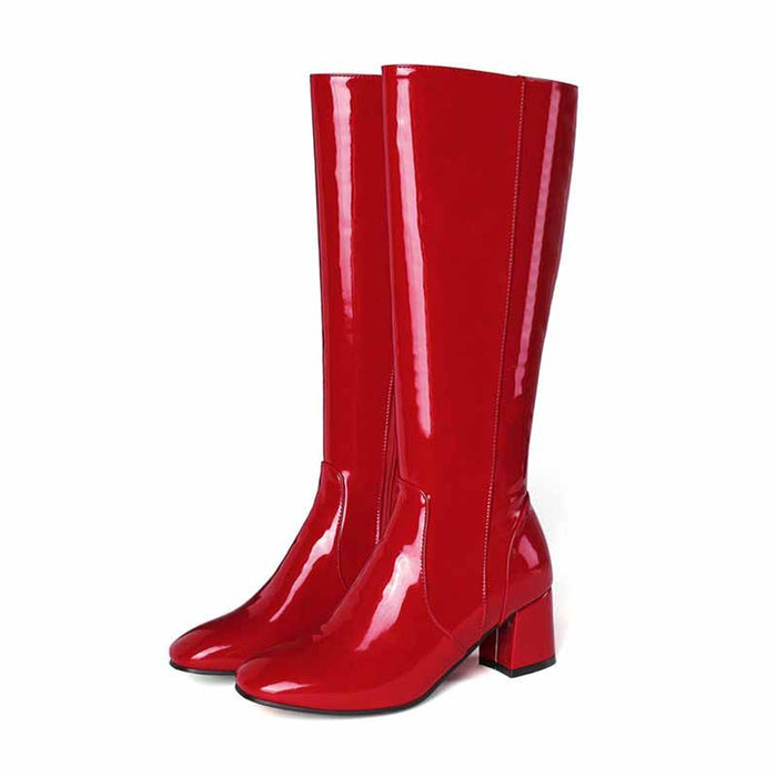Stylish red women's knee high boots with a block heel for a fashionable look