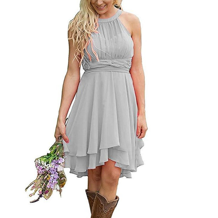 silver knee length country bridesmaid dress in light gray chiffon with layered skirt and halter neckline