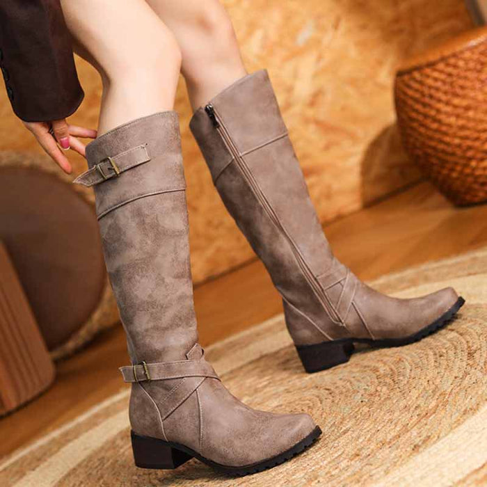 Women's Knee Length Cowgirl Boots Buckled Cowboy boots in white, black,green,khaki color
