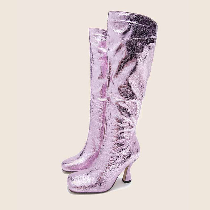 Women's Knee Length Sequin Boots PU Heeled Spangly Booties