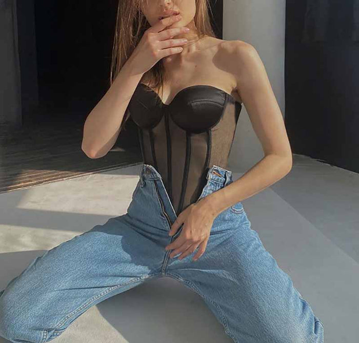 Women's Lace Longline Mesh Corset Strapless Bustier Crop Top