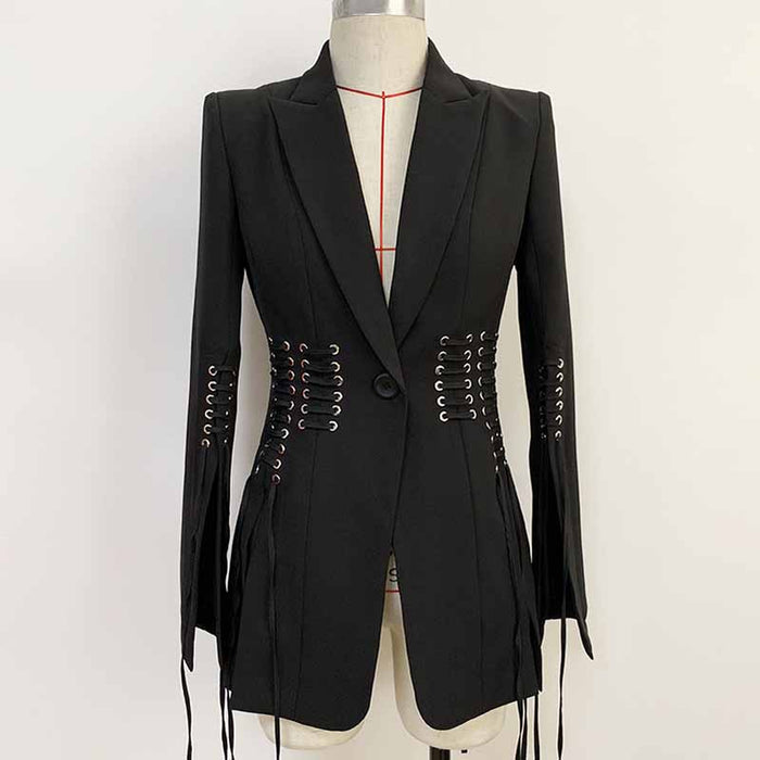 Women’s Lace-Up Design Black Blazer One-Button Split Suit Jacket