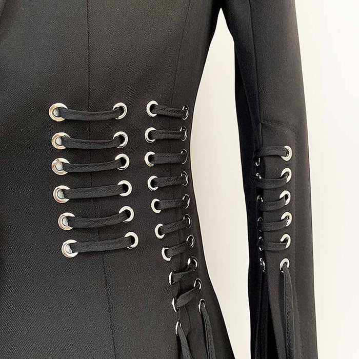 Women’s Lace-Up Design Black Blazer One-Button Split Suit Jacket