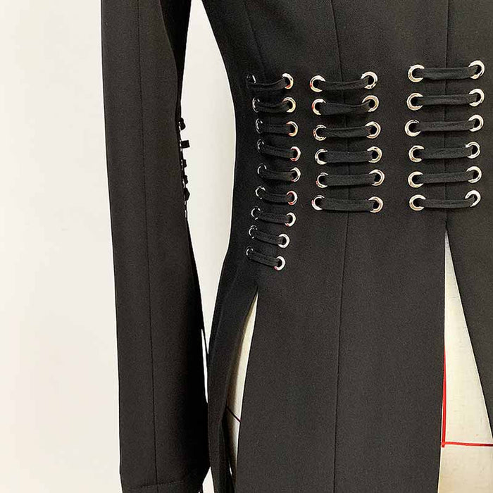 Women’s Lace-Up Design Black Blazer One-Button Split Suit Jacket