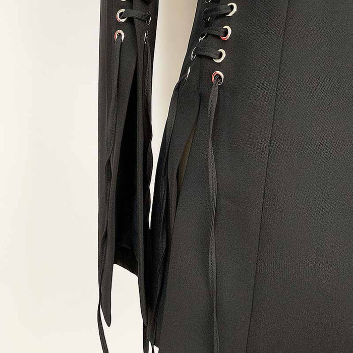 Women’s Lace-Up Design Black Blazer One-Button Split Suit Jacket